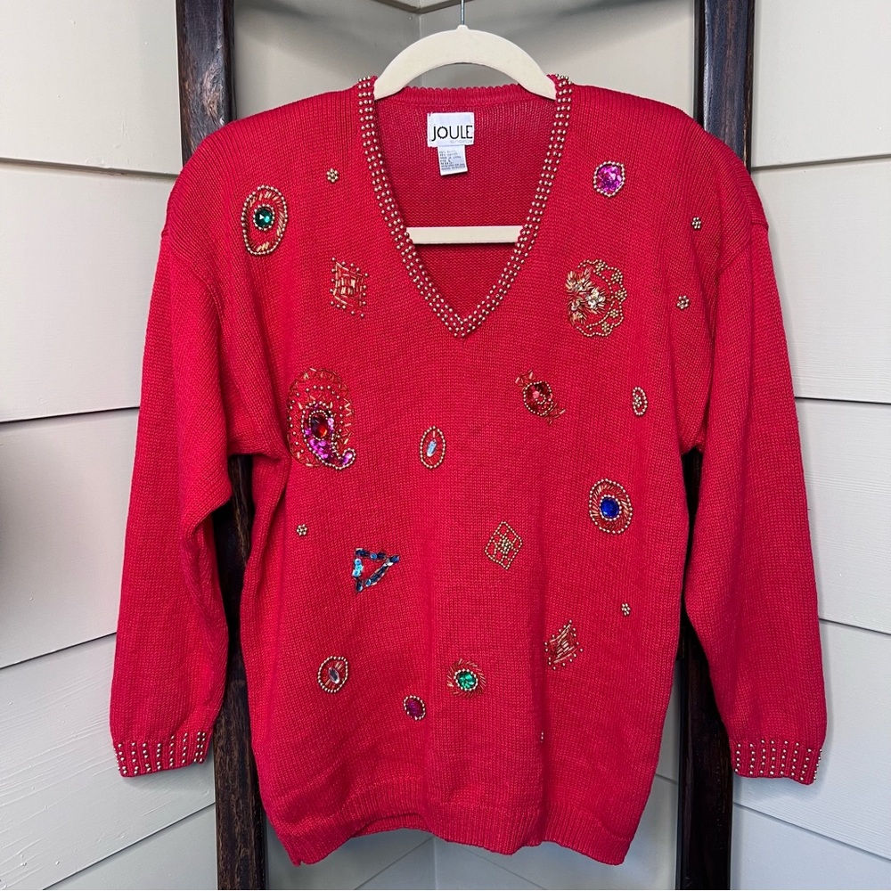 VTG JOULE Energy Red Beaded Sequins Holiday Sweater V-Neck Womens Large Jeweled